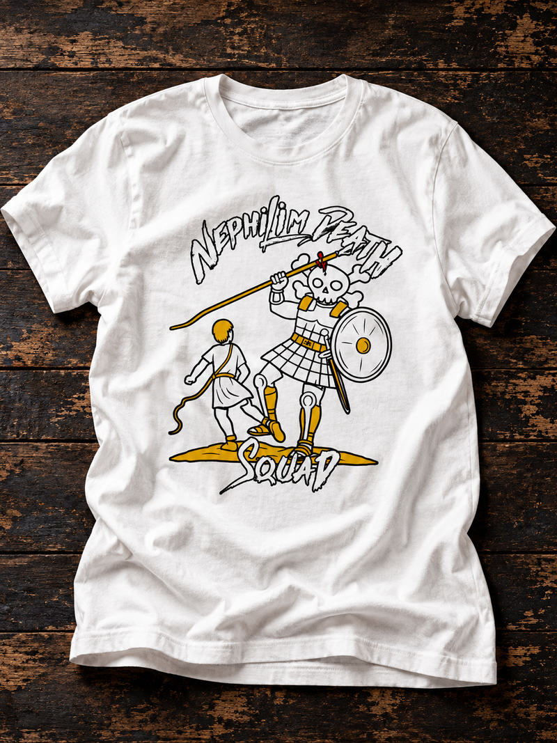 Skull of Goliath T-Shirt by Nephilim Death Squad – David with a sling facing an armored skeleton giant, yellow and black print