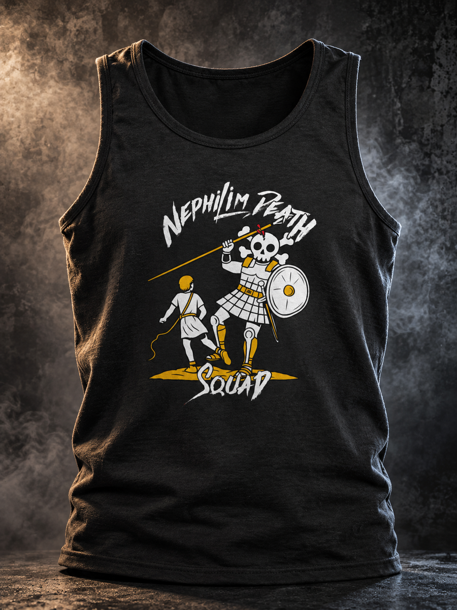 Skull of Goliath black tanktop by TopLobsta, flat lay with moody dark background