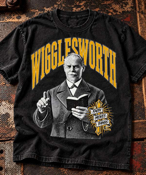 Smith Wigglesworth Faith Moves Things Christian T-shirt by The Standard - black flat lay