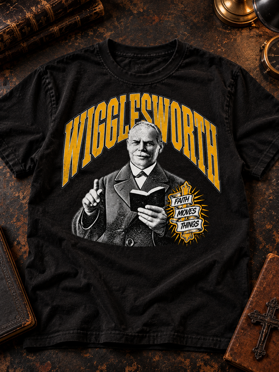 Smith Wigglesworth Faith Moves Things Christian T-shirt by Straight Bible - black Tultex tee with portrait graphic, front view