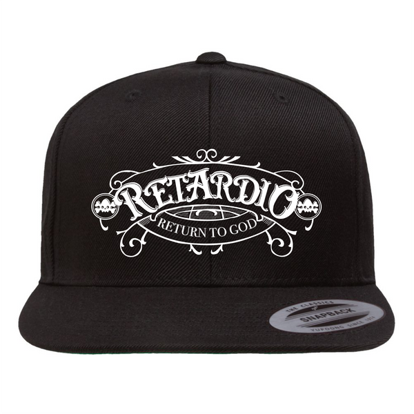 R*tardio Snapback Hat by Nephilim Death Squad – ornate white Return to God crest with side skulls