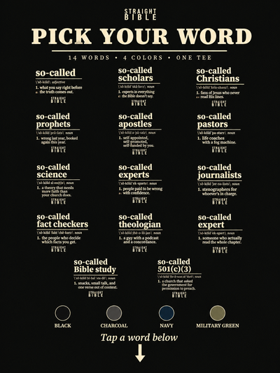 Pick your word: all 14 Straight Bible So-Called dictionary tee designs and the 4 shirt colors (Black, Charcoal, Navy, Military Green)