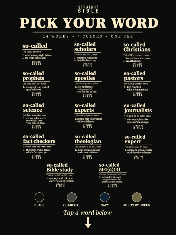 Pick your word: all 14 Straight Bible So-Called dictionary tee designs and the 4 shirt colors (Black, Charcoal, Navy, Military Green)