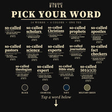 Pick your word: all 14 Straight Bible So-Called dictionary tee designs and the 4 shirt colors (Black, Charcoal, Navy, Military Green)