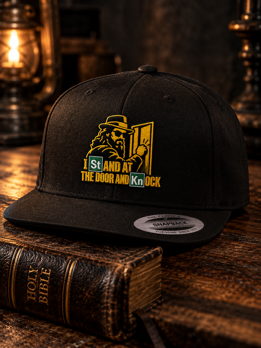 Stand at the Door Embroidered Snapback: black YP Classics 6089M front three-quarter on Holy Bible, St/Kn embroidery