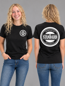 The Standard Logo T-Shirt – Women's Slim Tee – Black – small left-chest front and big back (women's model)