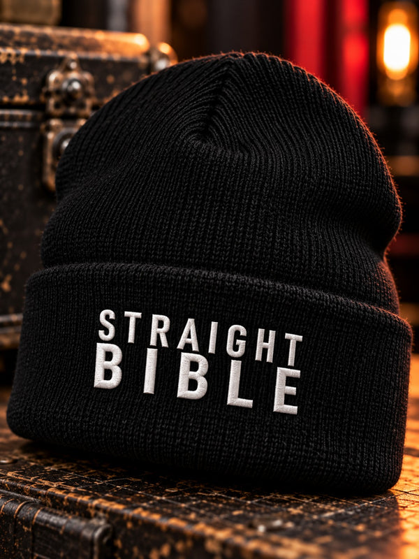 Black Straight Bible embroidered cuffed beanie with white stacked logo