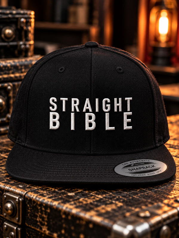 Black Straight Bible embroidered snapback hat with white stacked logo