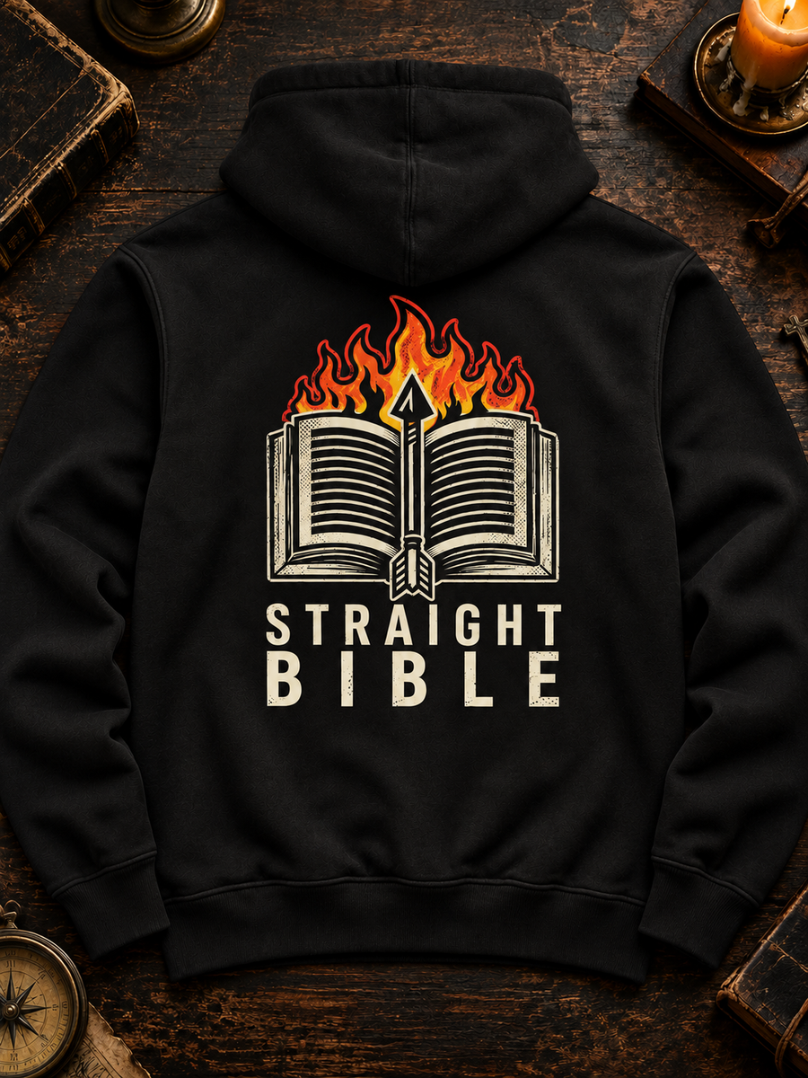 Straight Bible black Tultex hoodie, back view with the new flaming open Bible logo and STRAIGHT BIBLE text