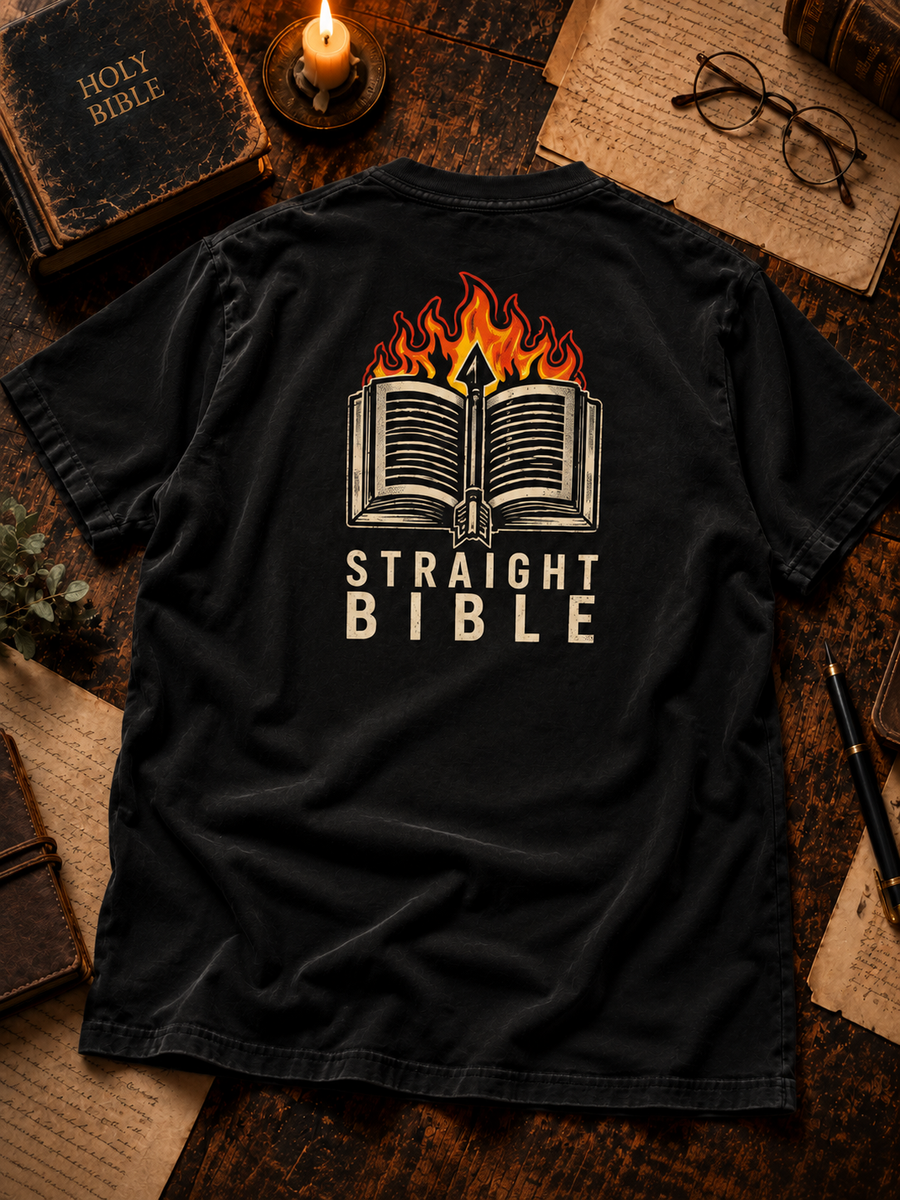 Straight Bible T-Shirt in black with the flaming open Bible logo, Tultex flat lay