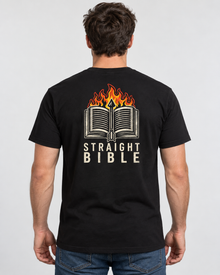 Model wearing the black Straight Bible T-shirt, back view showing the new flaming open Bible logo with STRAIGHT BIBLE text