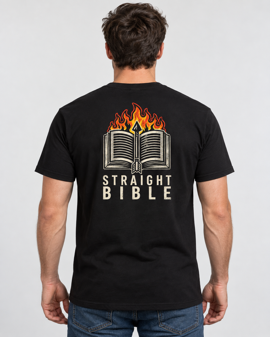 Model wearing the black Straight Bible T-shirt, back view showing the new flaming open Bible logo with STRAIGHT BIBLE text