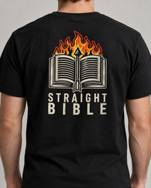 Close-up of the new Straight Bible flaming open Bible back print on a black T-shirt