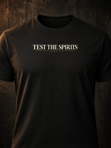 Test the Spirits T-Shirt by Nephilim Death Squad: black tee chest print close-up