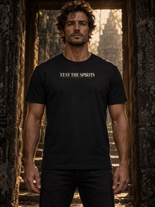 Test the Spirits T-Shirt by Nephilim Death Squad: black tee worn by model