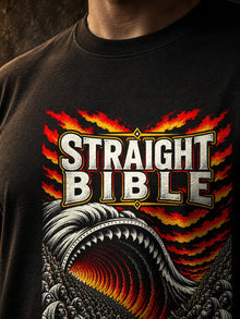 The Earth Opened Its Mouth Tultex 202 black T-shirt by Straight Bible, Numbers 16:32: print detail, Numbers 16 fire and swallowing earth
