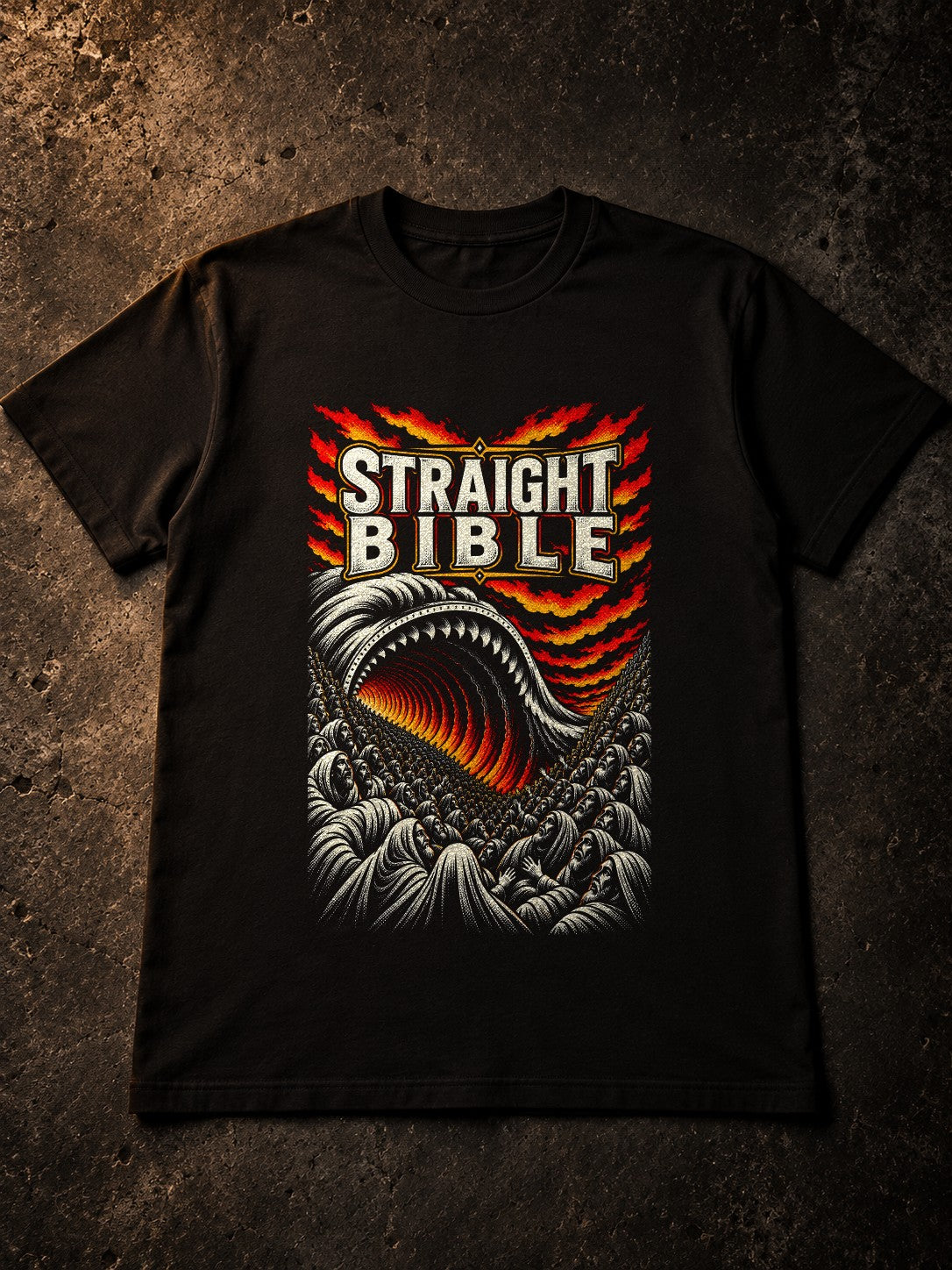 The Earth Opened Its Mouth Tultex 202 black T-shirt by Straight Bible, Numbers 16:32: flat lay