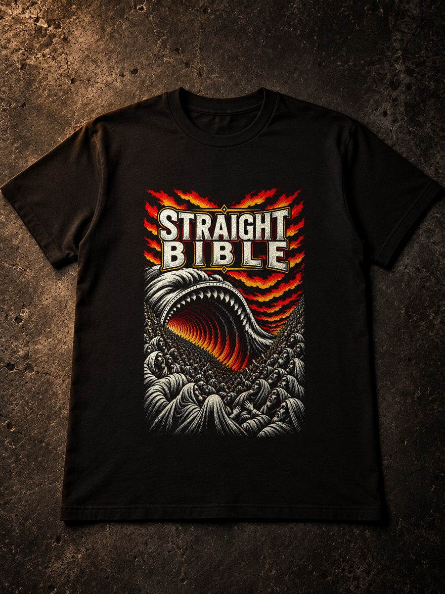 The Earth Opened Its Mouth Tultex 202 black T-shirt by Straight Bible, Numbers 16:32: flat lay