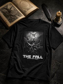 Black The Fall NDS T-shirt styled flat lay with an antique engraving book, black feather and candle