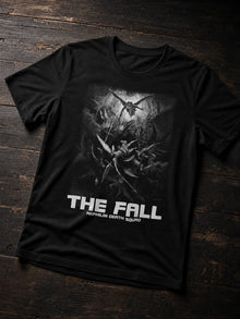 Black The Fall T-shirt by Nephilim Death Squad: classical engraving of rebel angels falling from the light above THE FALL lettering