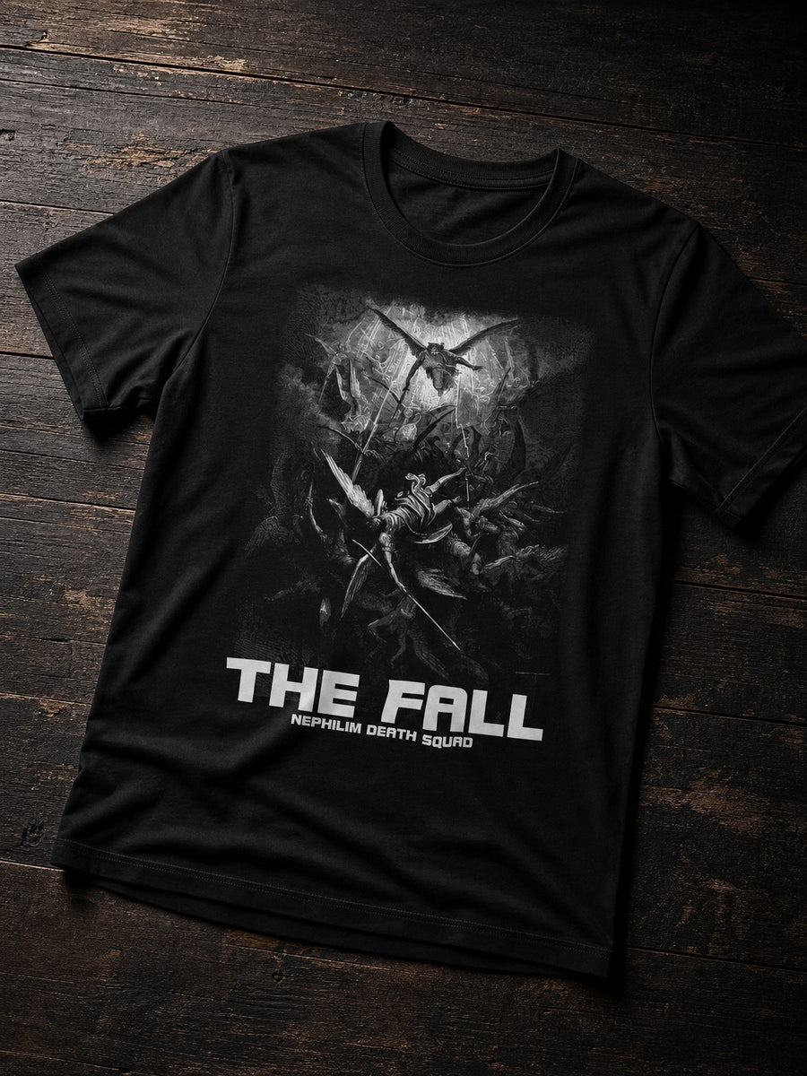 Black The Fall T-shirt by Nephilim Death Squad: classical engraving of rebel angels falling from the light above THE FALL lettering
