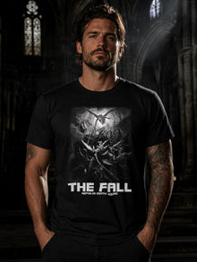 Man wearing the black The Fall T-shirt by Nephilim Death Squad in a dark cathedral, falling angels engraving print