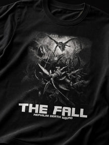Close-up of the grayscale falling angels engraving and THE FALL lettering on a black Nephilim Death Squad T-shirt