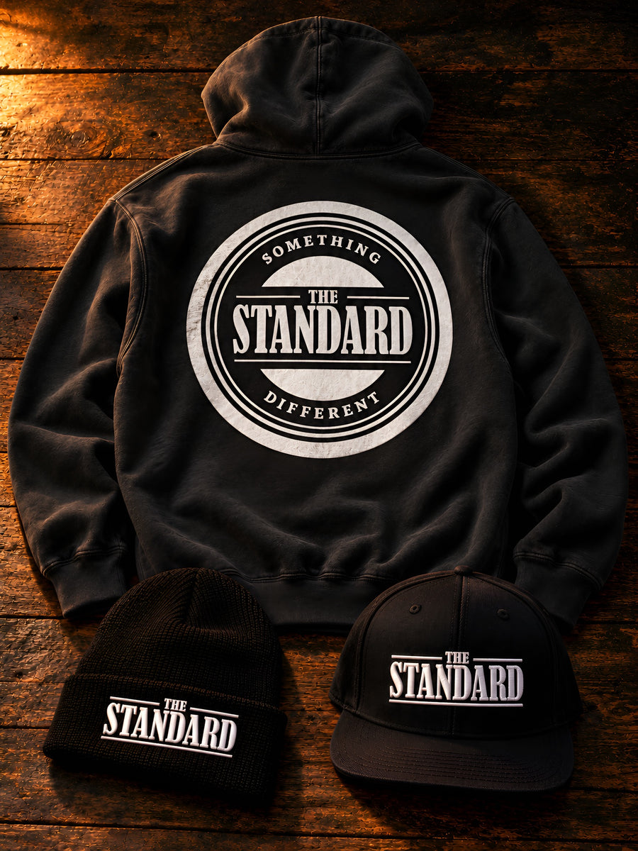 The Standard Bundle: black hoodie with embroidered beanie and snapback