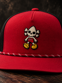 Toon Nephy embroidered red and black rope trucker hat, embroidery close-up