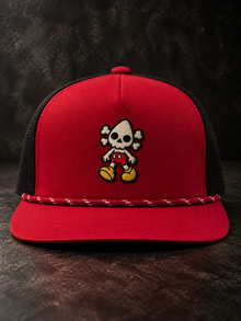 Toon Nephy embroidered red and black rope trucker hat, front view