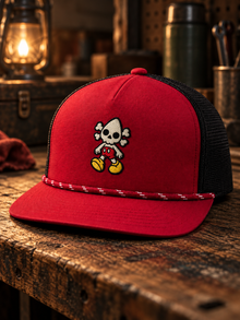 Toon Nephy embroidered red and black rope trucker hat, three-quarter view on workbench