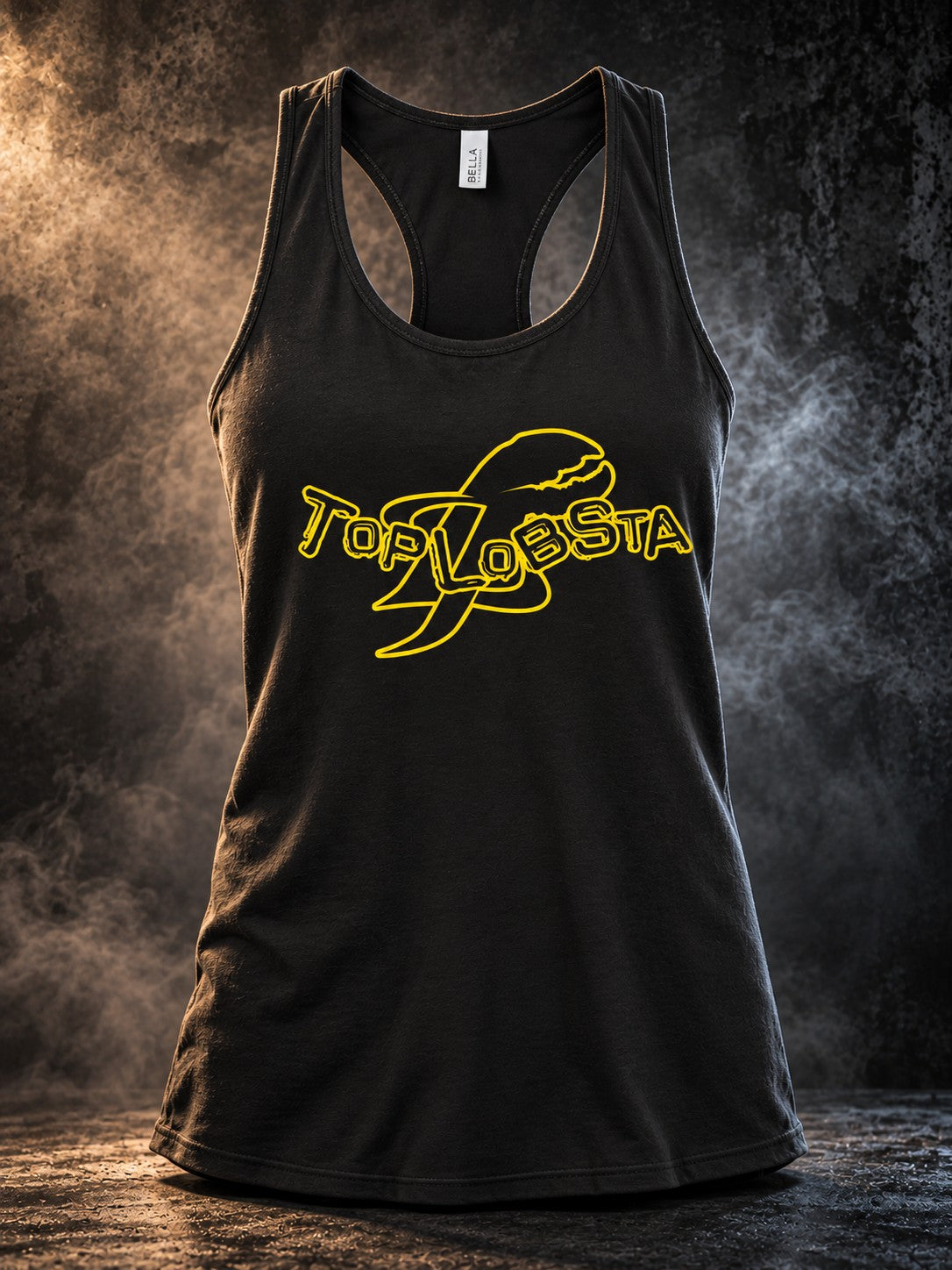 TopLobsta Logo Racerback tank by TopLobsta, black racerback with yellow TopLobsta script logo