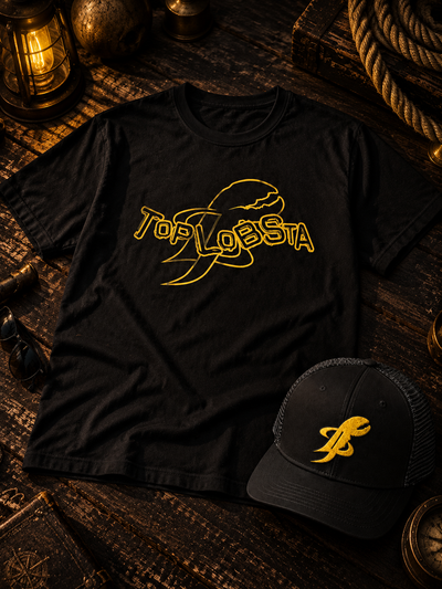 TopLobsta Logo Bundle: black TopLobsta logo tee and black trucker hat with the yellow claw logo
