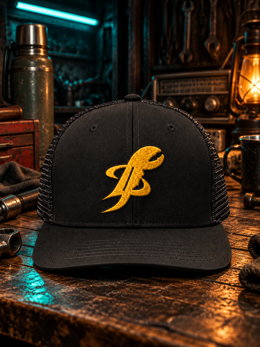 TopLobsta Logo Hat, black trucker with the yellow embroidered claw logo