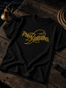 TopLobsta Logo Bundle: Tee + Hat – Black TopLobsta Logo T-shirt with the yellow TopLobsta wordmark and lobster claw, sty