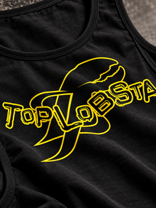 Close-up detail of black TopLobsta tank top with yellow logo and fabric texture