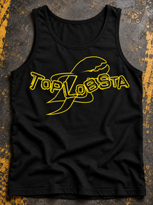 TopLobsta logo tank top in black with yellow lobster claw wordmark, editorial product view