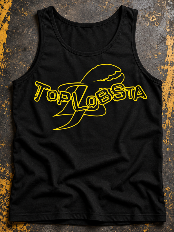 TopLobsta logo tank top in black with yellow lobster claw wordmark, editorial product view