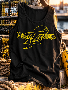 Black TopLobsta logo tank top with yellow lobster claw graphic, hero lifestyle view