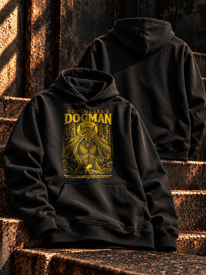 TopLobsta's Dogman 2.0 Hoodie: black hoodie flat lay, gold engraved Dogman print