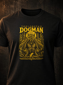 TopLobsta's Dogman 2.0 T-Shirt: black tee chest print close-up, gold engraved Dogman print