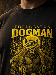 TopLobsta's Dogman 2.0 T-Shirt: black tee print detail, gold engraved Dogman print