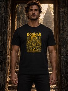 TopLobsta's Dogman 2.0 T-Shirt: black tee worn by model, gold engraved Dogman print