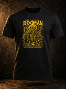 TopLobsta's Dogman 2.0 T-Shirt: black tee front view, gold engraved Dogman print