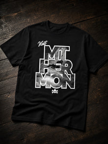 Black Visit Mt. Hermon T-shirt by Nephilim Death Squad: white stacked MT HERMON letters with woodcut fallen angels plunging through them