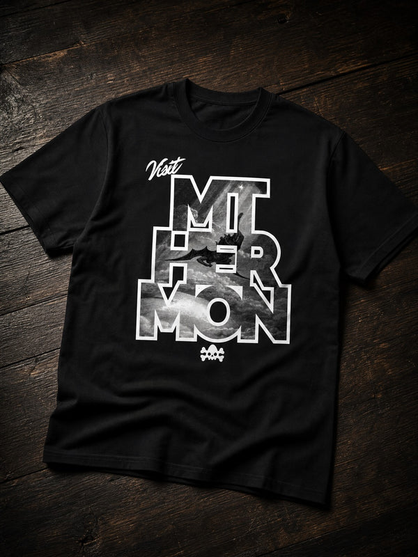 Black Visit Mt. Hermon T-shirt by Nephilim Death Squad: white stacked MT HERMON letters with woodcut fallen angels plunging through them