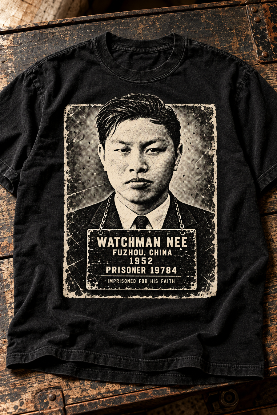 Watchman Nee Imprisoned for His Faith Christian graphic T-shirt on black garment