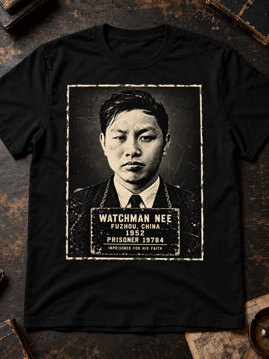 Watchman Nee Imprisoned for His Faith Christian graphic T-shirt by Straight Bible - black Tultex tee, front view