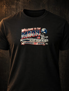 Welcome to the Moon - America's 51st State T-Shirt by Nephilim Death Squad: black tee chest print close-up