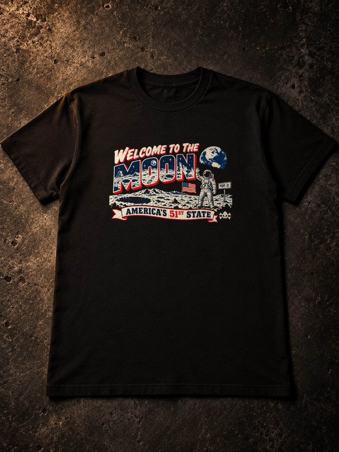 Welcome to the Moon - America's 51st State T-Shirt by Nephilim Death Squad: black tee flat lay
